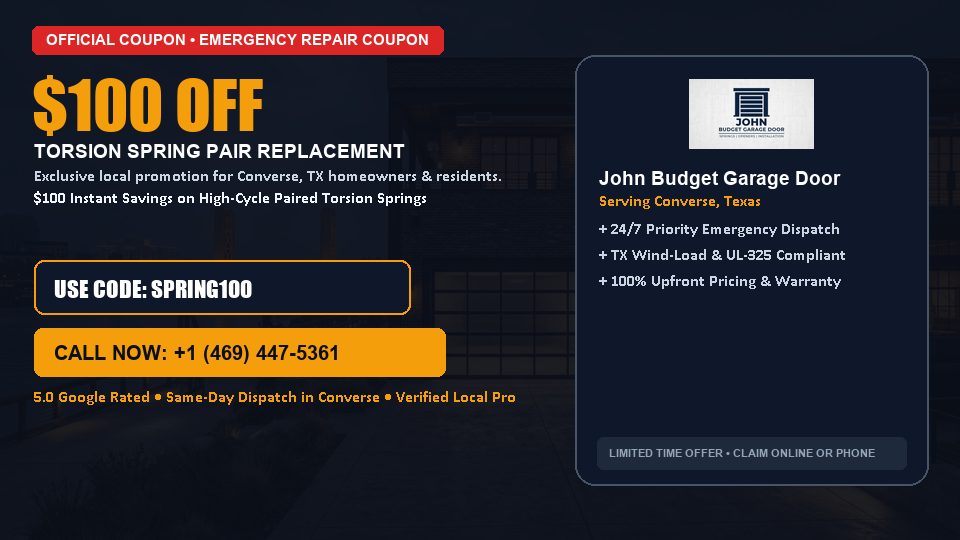 $100 OFF Dual High-Cycle Torsion Spring Replacement in Converse, TX - John Budget Garage Door