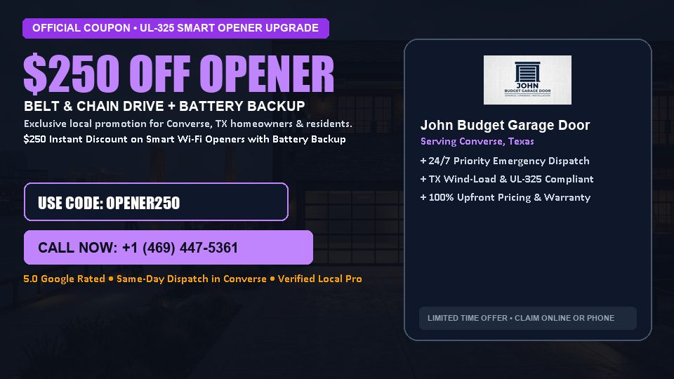 $250 OFF Smart Wi-Fi Garage Door Opener Installation in Converse, TX - John Budget Garage Door